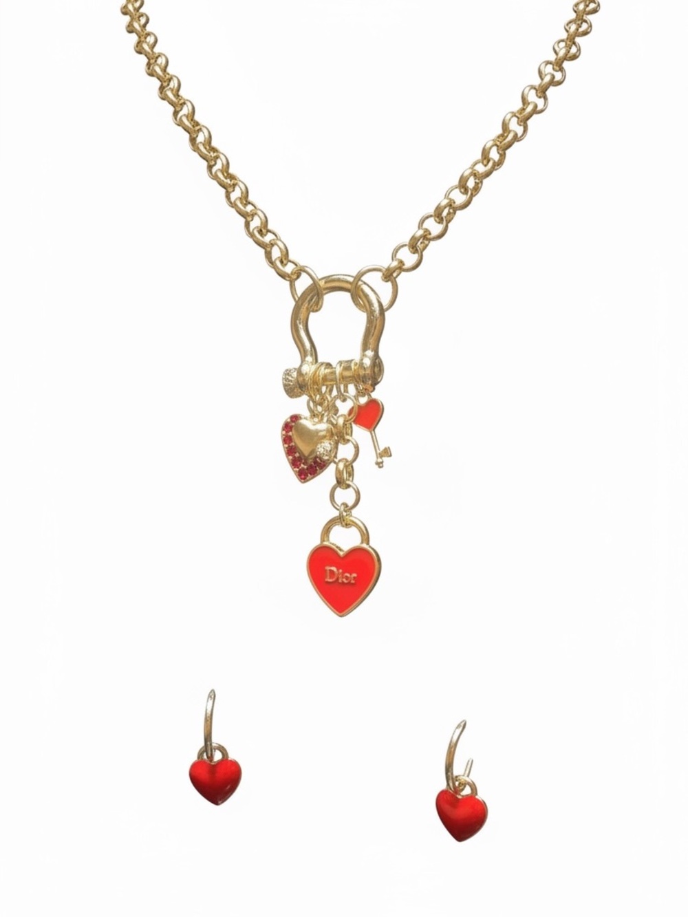 Dior Gold-Tone Necklace and Red Heart Charm Earrings Set- fashion jewelry